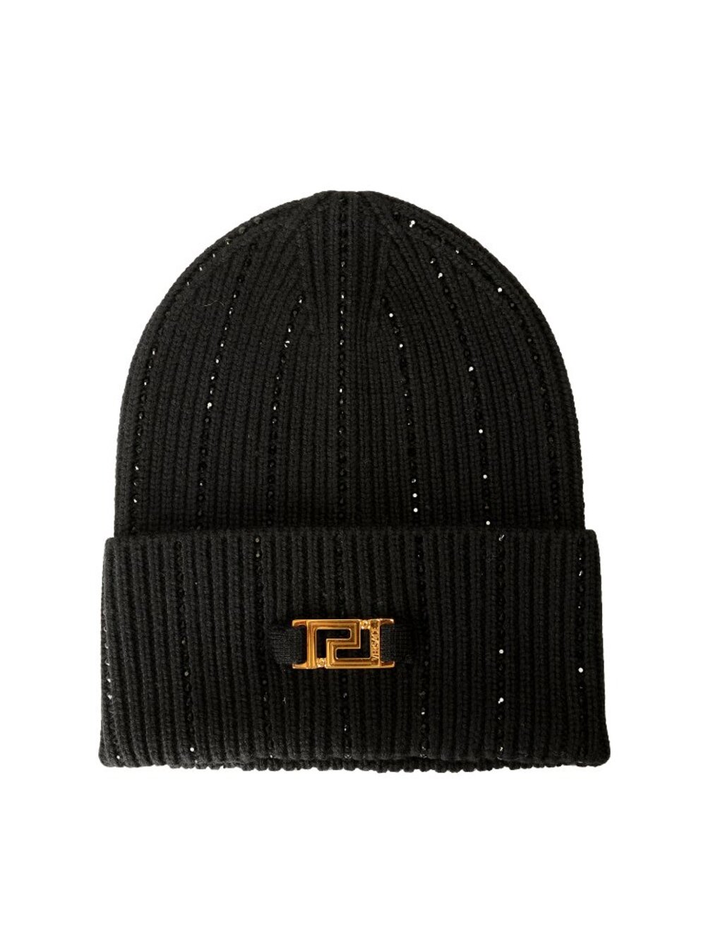 Versace Black Ribbed Strass Decorated 100% Wool Beanie Hat One Size